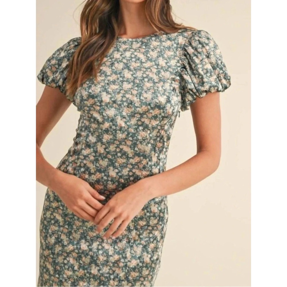MABLE Dress Small Green Floral Velvet Puff Sleeve Midi Cottagecore Romantic - Picture 2 of 13